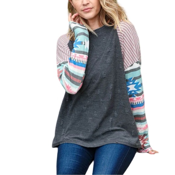 Haptics Tops - NEW HAPTICS DISTRESSED JACQUARD DOLMAN AZTEC THERMAL TOP